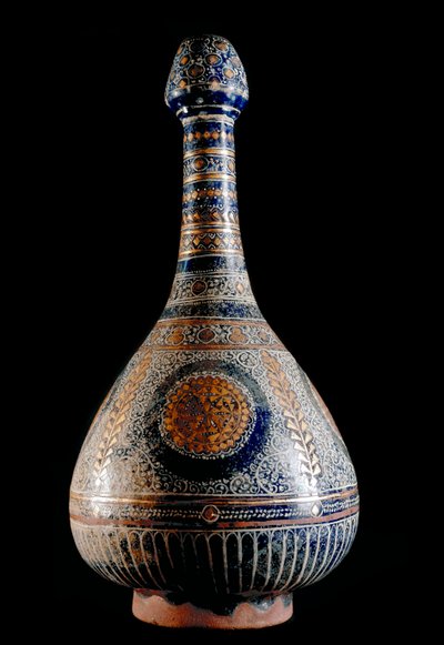 Arte islámico. Botella de terracota esmaltada del siglo XVI de Islamic School