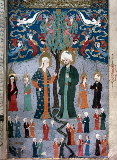 Representación islámica de Adán y Eva. Miniatura del manuscrito "Zubdat al Tawarikh" (Crema de Historias) por el historiador Seyyid Loqman Ashuri 1538. Museo de Arte Turco e Islámico Estambul de Islamic School