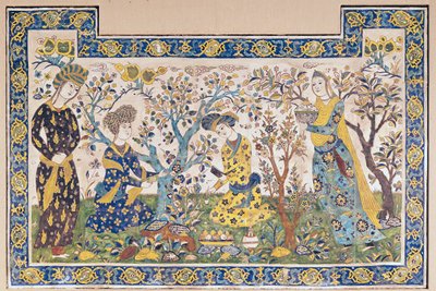 Panel mural de figuras relajándose en un jardín, del Tchehel Sutun o Pabellón de las Cuarenta Columnas construido por Shah Abbas II (1642-66), persa, de Isfahan, Irán de Islamic School