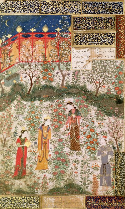 El príncipe persa Humay encontrándose con la princesa china Humayun en un jardín, c.1450 de Islamic School