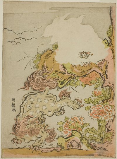 Leones chinos y peonías de Isoda Koryusai