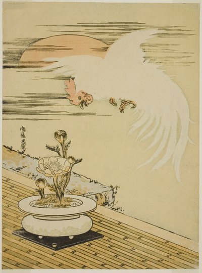 Gallo volando sobre olla de Adonis de Isoda Koryusai