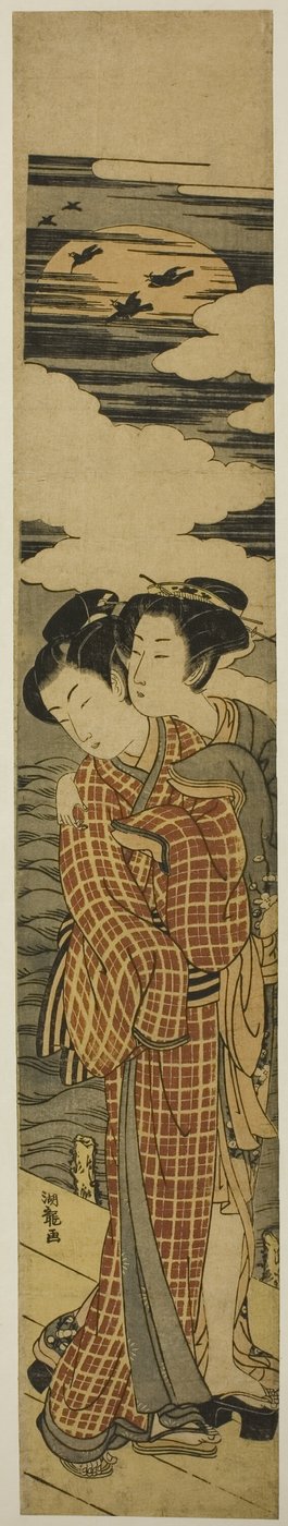 Pareja abrazándose en un muelle en una noche de luna de Isoda Koryusai