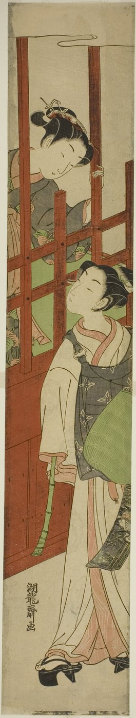 Cortesana mira hacia abajo a un joven vestido como monje mendicante de Isoda Koryusai