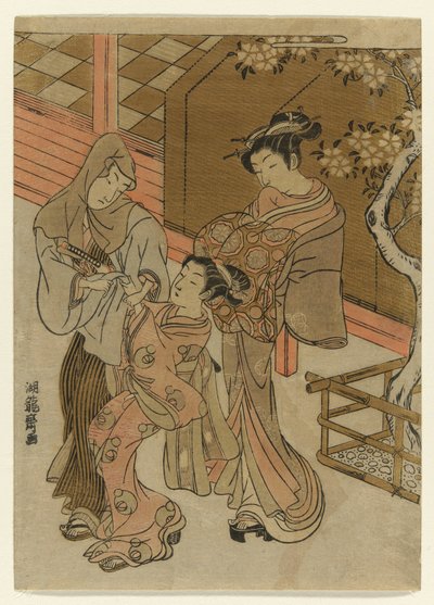 Cortesana observando a su asistente detener a un hombre encapuchado de Isoda Koryusai