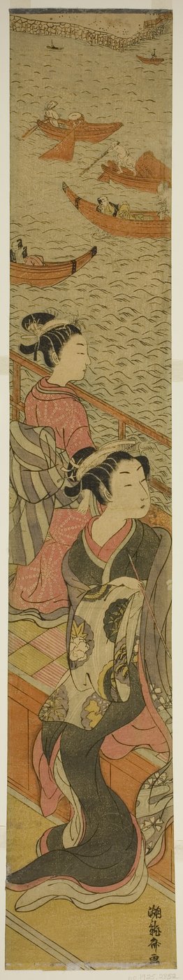 Cortesana y su asistente en un balcón con vista al río de Isoda Koryusai
