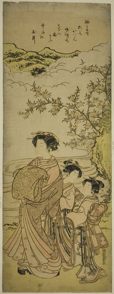 Cortesana y dos asistentes desfilando junto a un arroyo de Isoda Koryusai