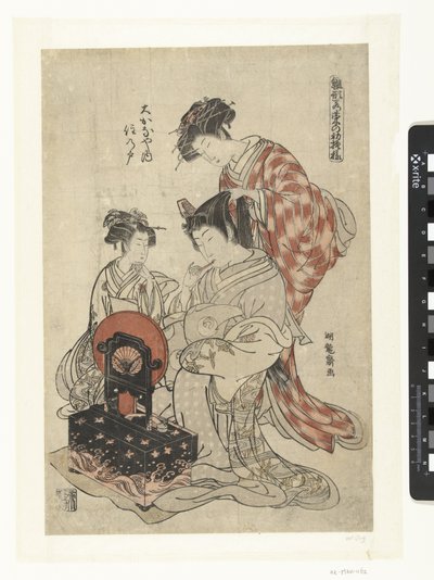 La cortesana Suminoto uit het Okanaya Okanaya uchi Suminoto (título sobre objeto) Model Patronen van vroege lente blaadjes (título de la serie) Hinagata wakana no hatsu moyo (título de la serie sobre el objeto) de Isoda Koryusai