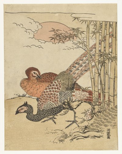 Pareja de faisanes en bambú y sol naciente de Isoda Koryusai
