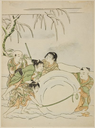 Cinco niños pequeños rodando una gran bola de nieve de Isoda Koryusai
