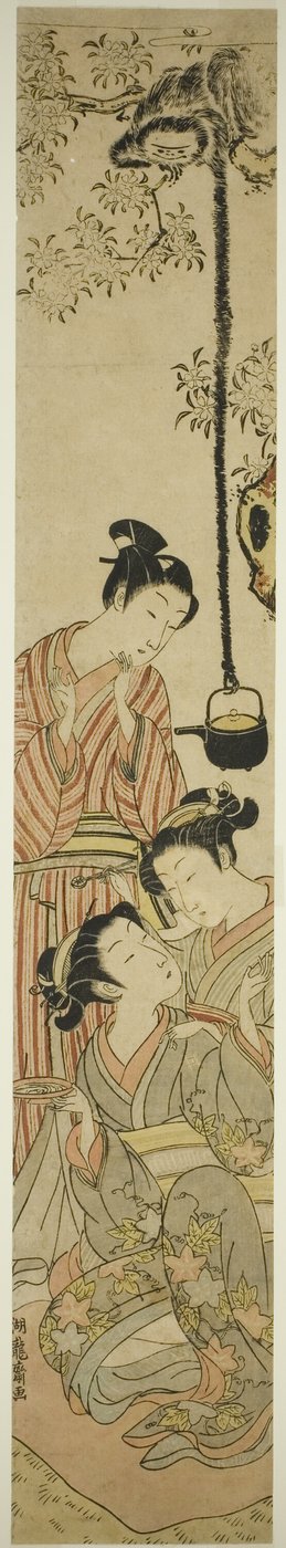 Gibón robando una jarra de sake de una fiesta de observación de flores de Isoda Koryusai
