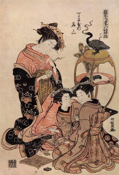 Cortesana japonesa en kimono tomando una taza de té de Isoda Koryusai