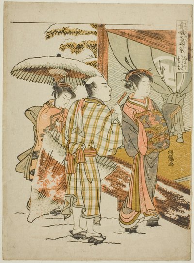 Karauta del Ogiya en nieve vespertina (Ogiya Karauta bosetsu), de la serie "Ocho vistas de bellezas famosas de los barrios de placer (Seiro meifu hakkei)" de Isoda Koryusai