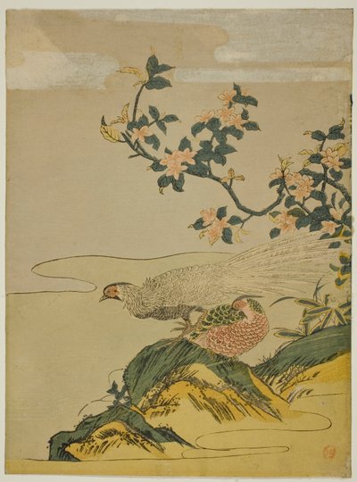 Faisanes bajo rama de flores de durazno de Isoda Koryusai