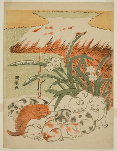 Cachorros en la nieve de Isoda Koryusai
