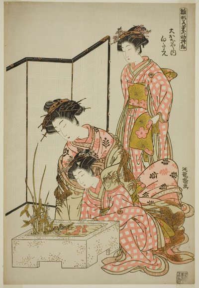 Shirotae del Okanaya, de la serie "Modelos para la moda: Nuevos diseños tan frescos como hojas jóvenes (Hinagata wakana no hatsu moyo)" de Isoda Koryusai