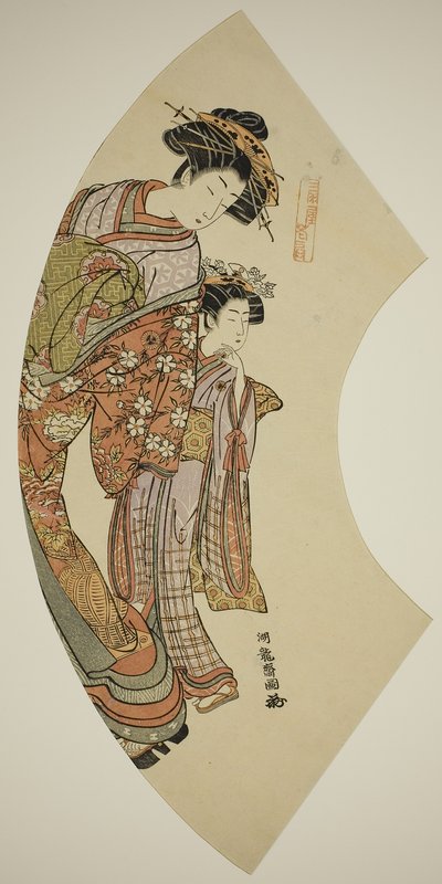 La cortesana Hanaogi del Ogiya y su asistente, de la serie Abanicos del Este de Isoda Koryusai