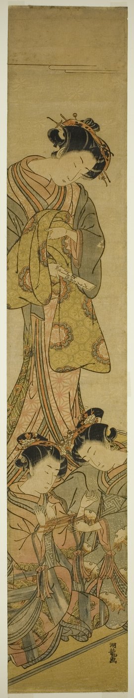 La cortesana Segawa de Matsubaya viendo a sus asistentes jugar a la cuna del gato de Isoda Koryusai