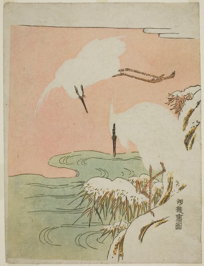 Dos garzas en la nieve de Isoda Koryusai