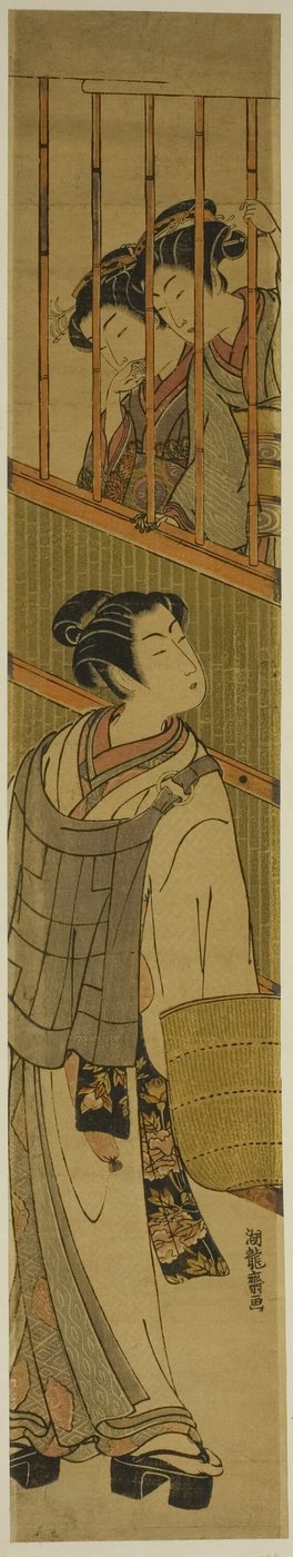 Dos mujeres jóvenes mirando a un joven vestido de Komuso de Isoda Koryusai