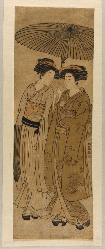 Dos mujeres jóvenes caminando bajo un paraguas de Isoda Koryusai