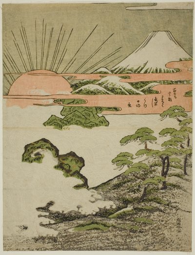 Vista del Monte Fuji al amanecer en Año Nuevo de Isoda Koryusai