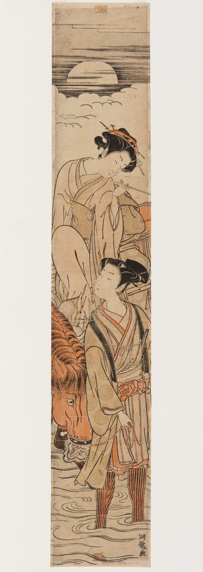Joven pareja cruzando un río a la luz de la luna de Isoda Koryusai