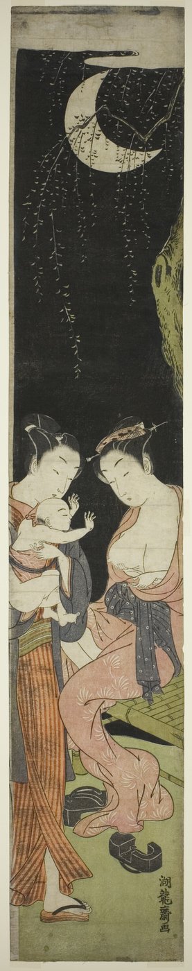 Joven Pareja con Hijo Infante en una Noche de Luna de Isoda Koryusai