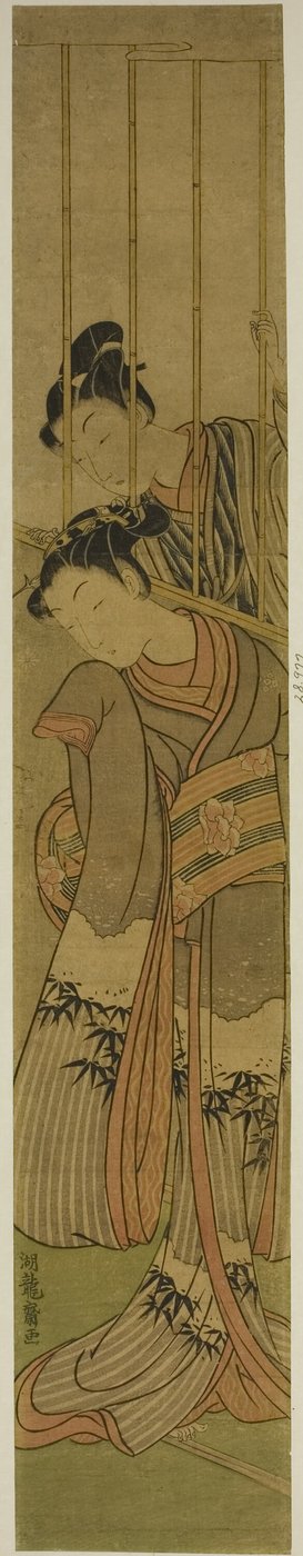 Joven admirando a una chica a través de una ventana enrejada de Isoda Koryusai