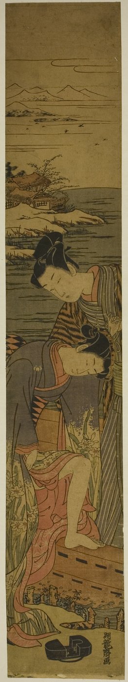 Una joven deja caer su geta mientras sube a un barco de Isoda Koryusai