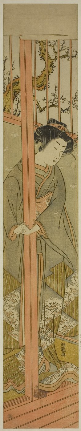 Joven mujer mirando desde un salón de Isoda Koryusai