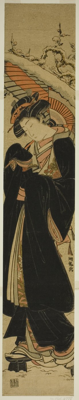 Joven con paraguas caminando en la nieve de Isoda Koryusai