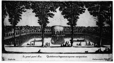 La gran plaza de agua del Château de la Rochefoucauld en Liancourt; por Israel de Israel the Younger Silvestre