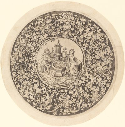 Ornamento circular con músicos tocando cerca de un pozo de Israhel van Meckenem
