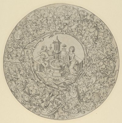 Jardín del amor, dentro de un gran marco circular ornamentado de Israhel van Meckenem