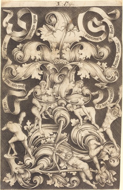 Ornamento con flor y ocho personas salvajes de Israhel van Meckenem