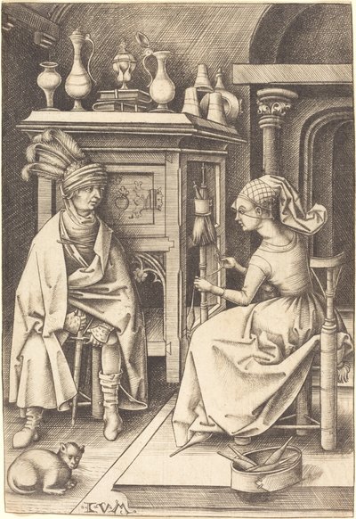 La visita a la hilandera, c. 1495-1503 de Israhel van Meckenem