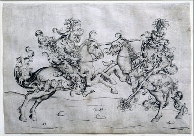 Dos jinetes jugando. Juego de dos hombres a caballo. Dibujo de Israel Van Meckenem (ca. 1440-1503). Museo del Louvre de Israhel van the younger Meckenem