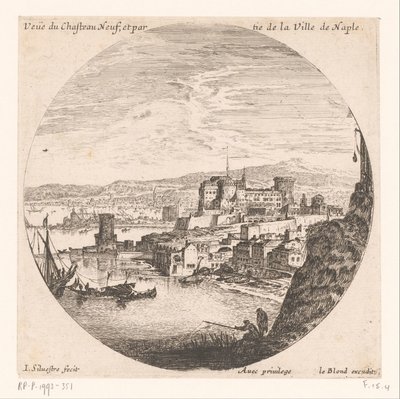 Vista del Castel Nuovo Veue du Chasteau neuf et partie de la Ville de Naples (título sobre el objeto) Varias vistas de los puertos marítimos (título de la serie) Varias veues de Ports de mer (título de la serie) de Israël Silvestre