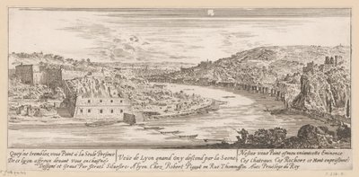 Vista de Lyon en un recodo del Saona Veue de Lyon quand on y descend par la Saone (título sobre objeto) de Israël Silvestre