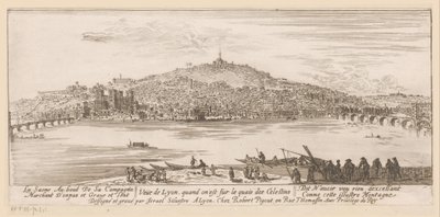 Vista de Lyon desde el banco del Monasterio Celestino Veue de Lyon quand on est sur les quais des Celestins (título sobre el objeto) de Israël Silvestre