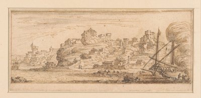 Vista de la costa con un barco en reparación a la derecha
Diseños para una serie de impresiones con paisajes costeros (título de la serie) de Israël Silvestre
