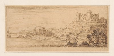 Vista de la costa con un patrón en un velero a la derecha
Diseños para una serie de impresiones con paisajes costeros (título de la serie) de Israël Silvestre
