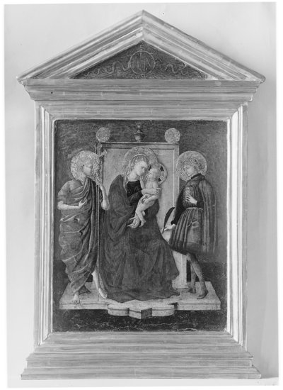 Madonna y el Niño entronizados con San Juan Bautista y otro santo de Italian