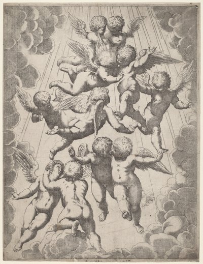 Un grupo de ángeles en gloria de Italian 17th Century, after Guido Reni, after Luca Cambiaso