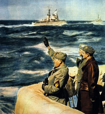 Viaje de Mussolini a Libia. El Duce revisa la flota italiana. 1926. Fotografía en color de Italian Photographer