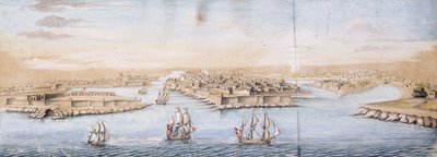 Vista aérea de Valetta desde el mar, con barcos de guerra entrando en el puerto de Italian School