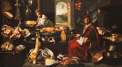 Un cocinero en una cocina bien surtida con una sirvienta de Italian School