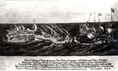 Una Batalla Naval entre la Flota Veneciana bajo el General Francesco Morosini (1618-94) contra los Turcos frente a la Costa de Creta, Octubre 1645 de Italian School