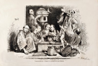 Una pequeña fiesta bebiendo sake, de la edición italiana de Tour du Monde, 1869 de Italian School